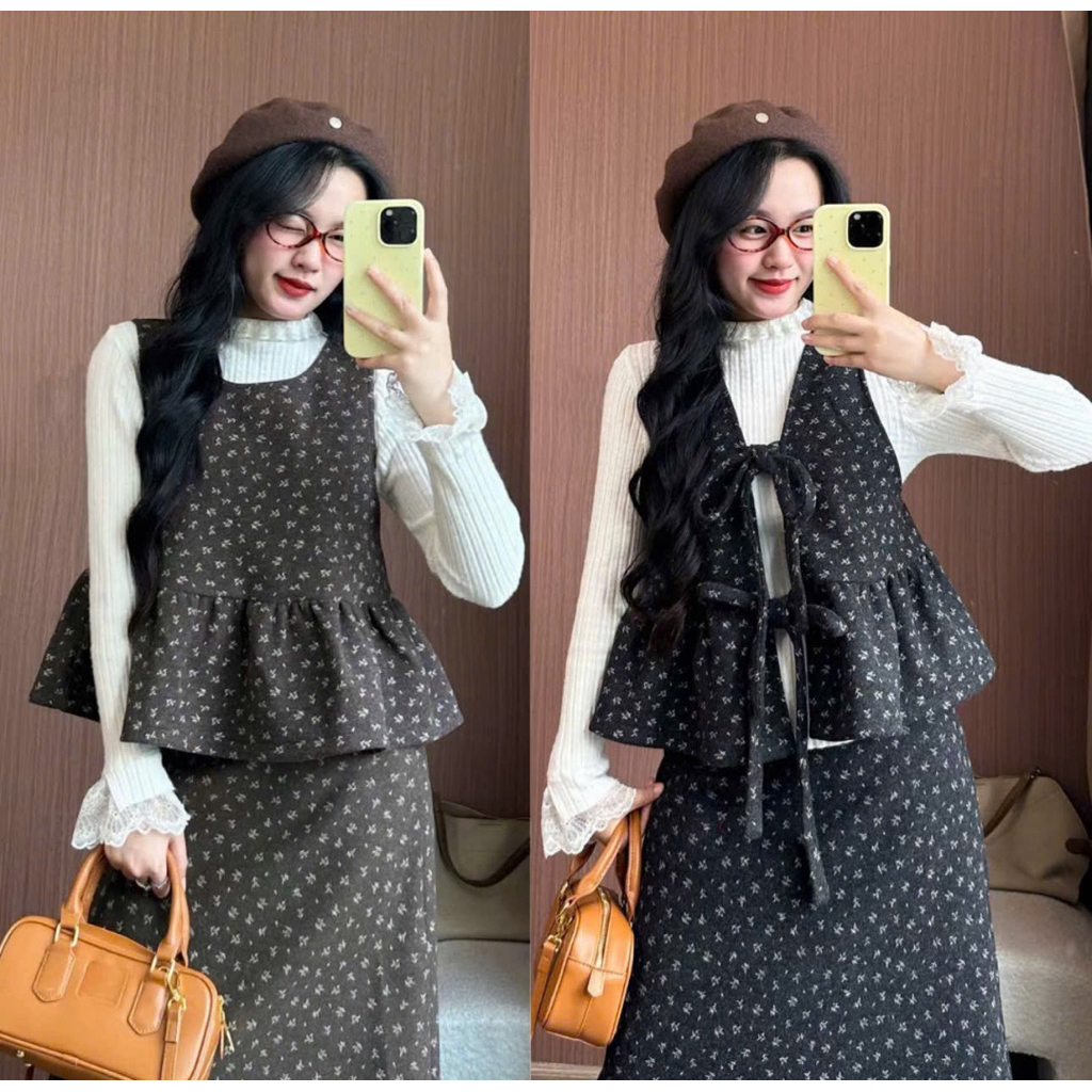 [S2.4261] Set Áo Babydoll Buộc Nơ Mix Chân Váy Dài Xoè 2 Màu