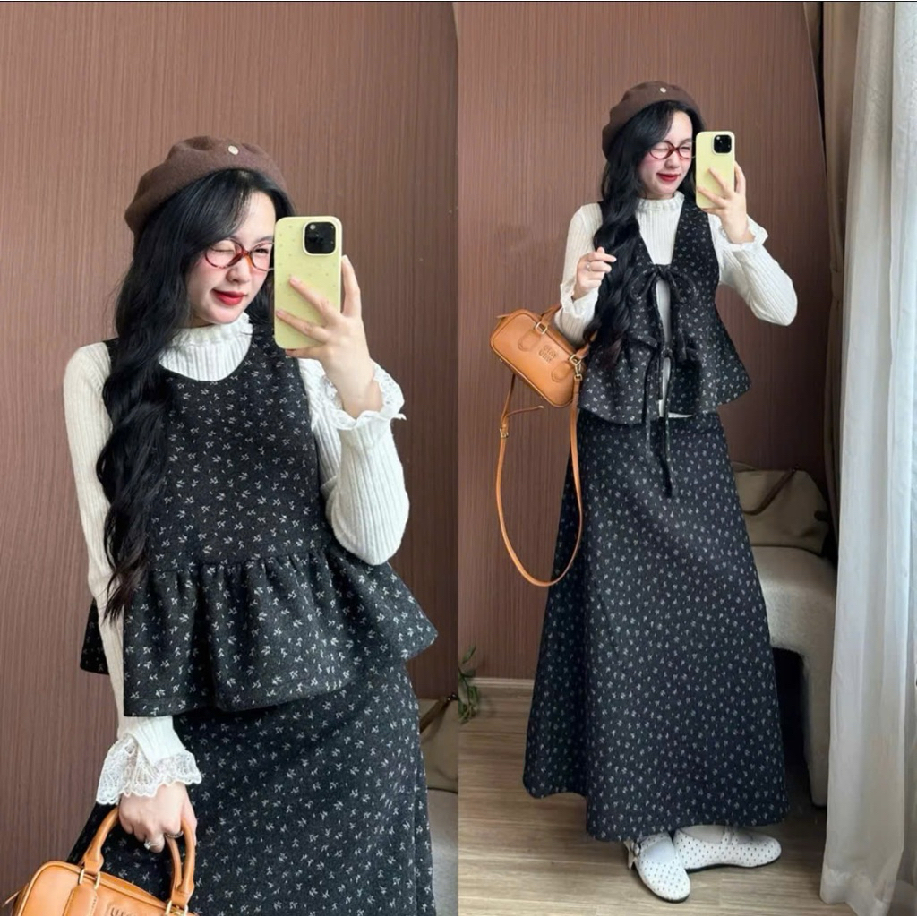 [S2.4261] Set Áo Babydoll Buộc Nơ Mix Chân Váy Dài Xoè 2 Màu | BigBuy360 - bigbuy360.vn