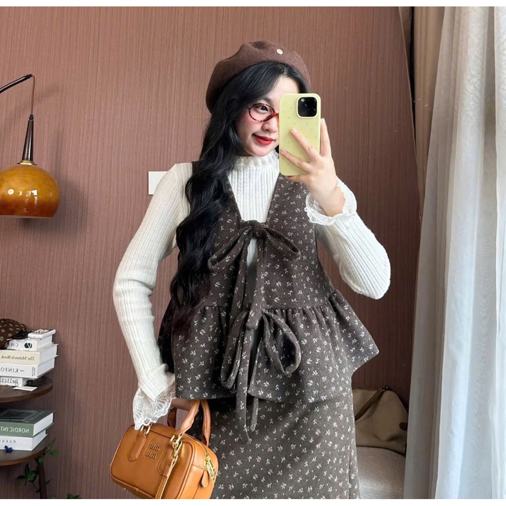 [S2.4261] Set Áo Babydoll Buộc Nơ Mix Chân Váy Dài Xoè 2 Màu | BigBuy360 - bigbuy360.vn