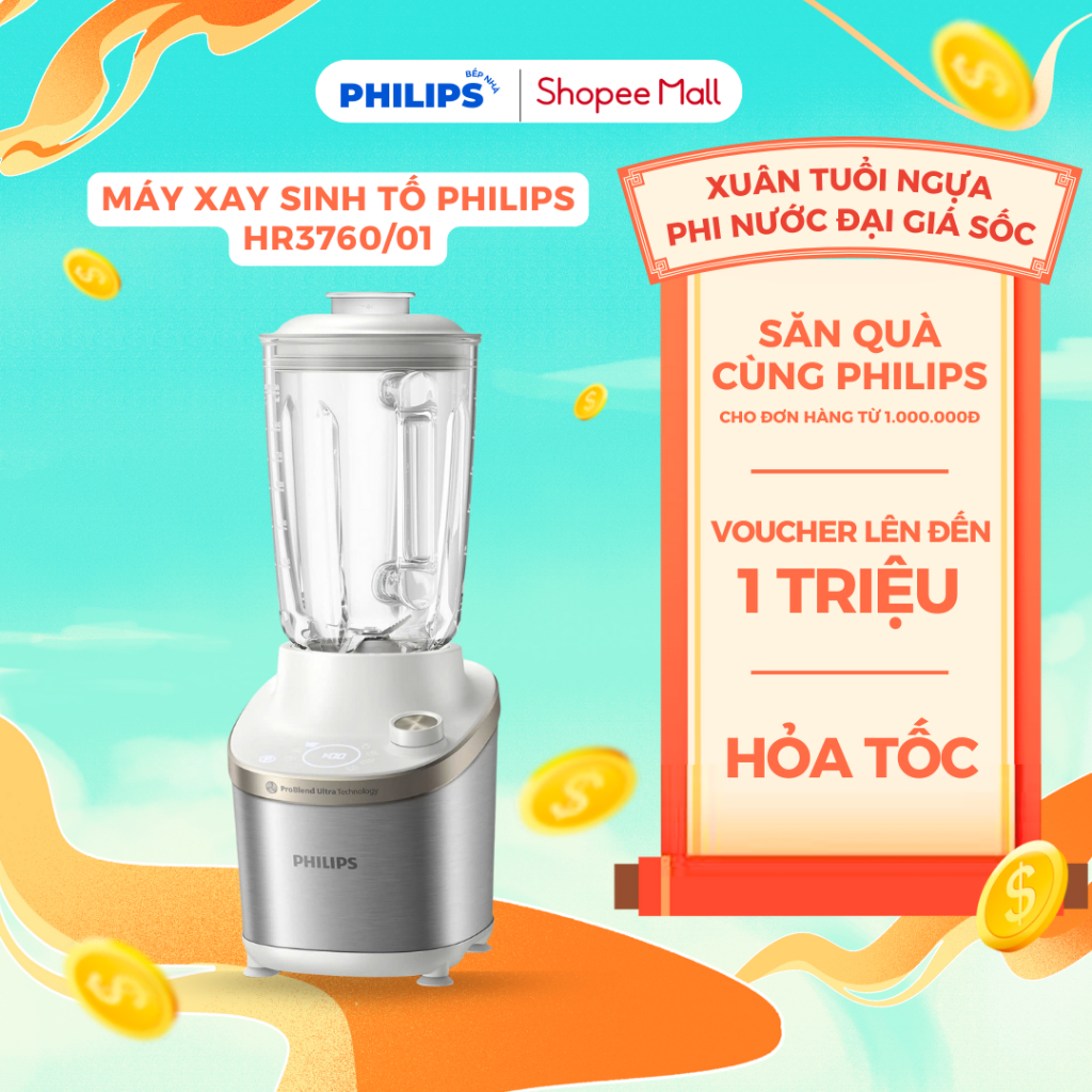 Máy Xay Sinh Tố PHILIPS HR3760/01 (1500W - 1.8L) Máy Xay Đa Năng Xay Đá, Trái Cây, Tự Động Ngắt Điện