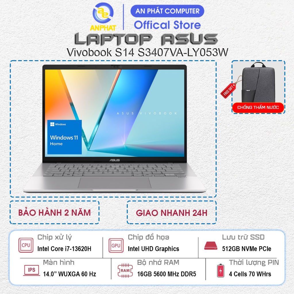 Laptop ASUS VivoBook S14 S3407VA-LY053W, Core i7 13620H, 16GB RAM, 512GB SSD, 14.0 FHD, Win11
