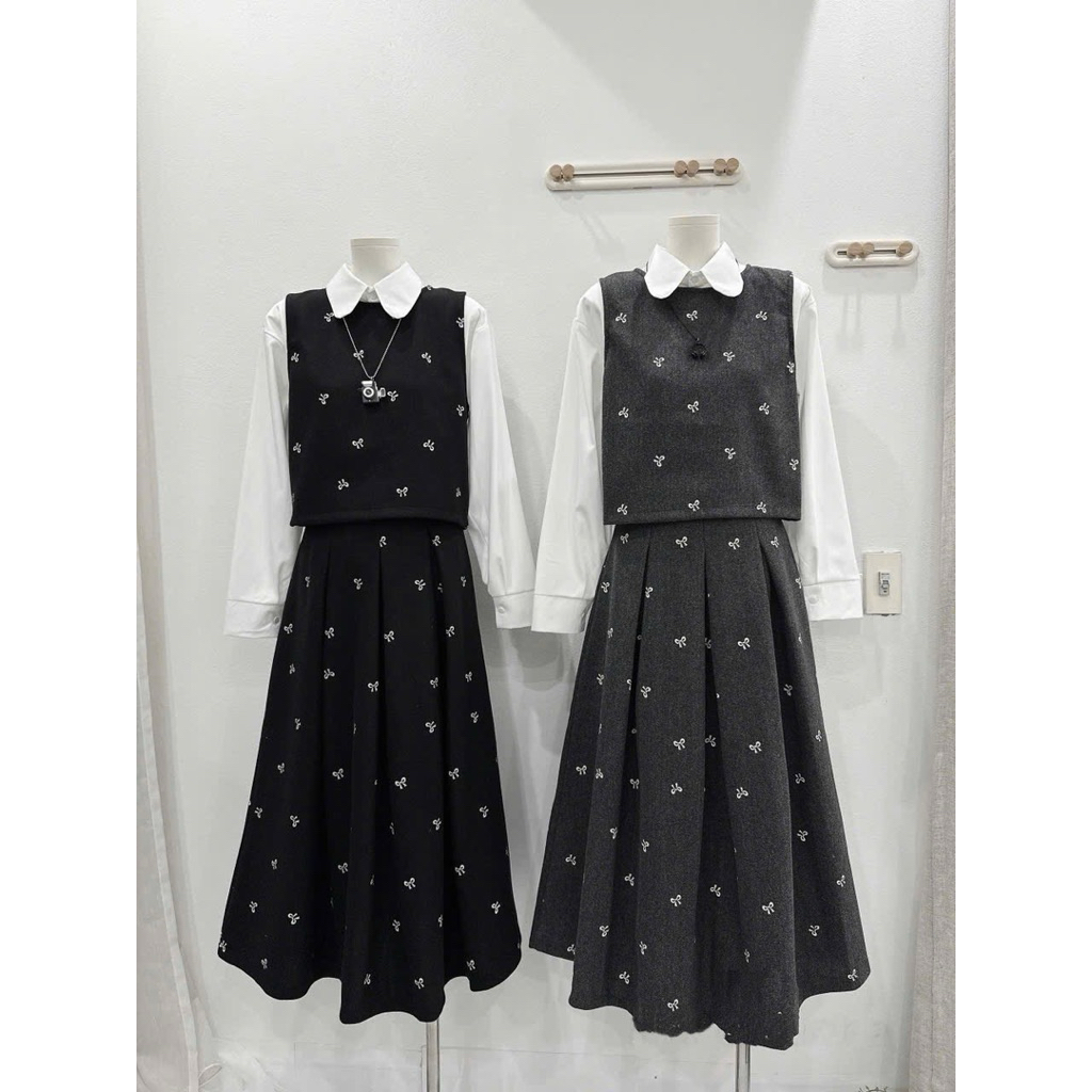 ELyNA studio sét dạ ép hình nơ kèm sơ mi trẻ trung