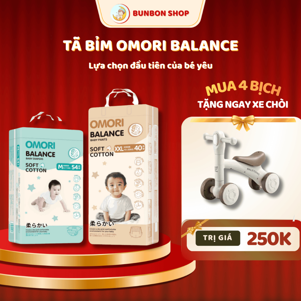 (Tặng xe chòi)Combo 4 Bịch Bỉm Dán, Bỉm Quần OMORI BALANCE mềm mại, khô thoáng, thấm hút tốt đủ size