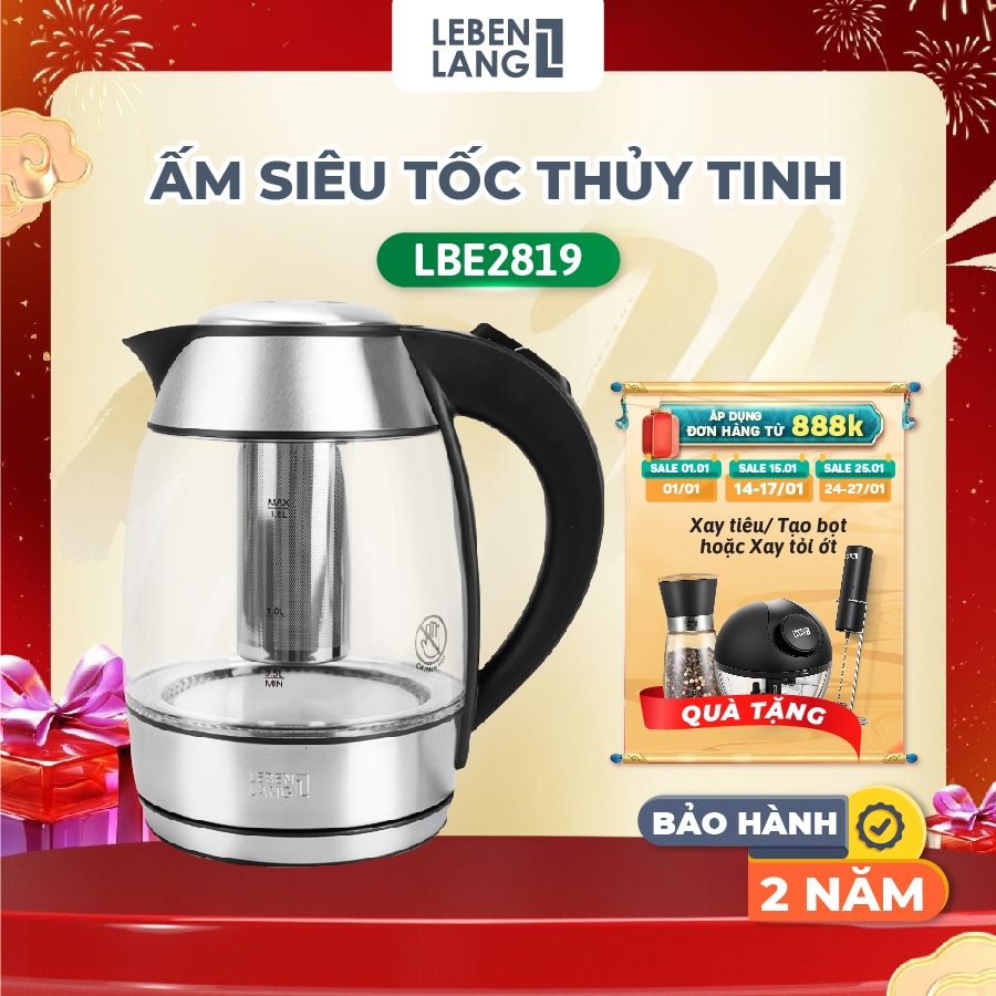 Ấm Siêu Tốc Thủy Tinh Lebenlang LBE2819 – Dung Tích 1.8L, Lõi Lọc Trà Inox, Bảo Hành 2 Năm