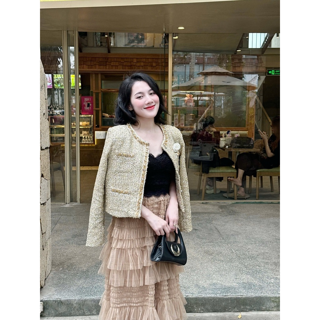 ELyNA studio sét dạ viền đá chân váy lưới tầng