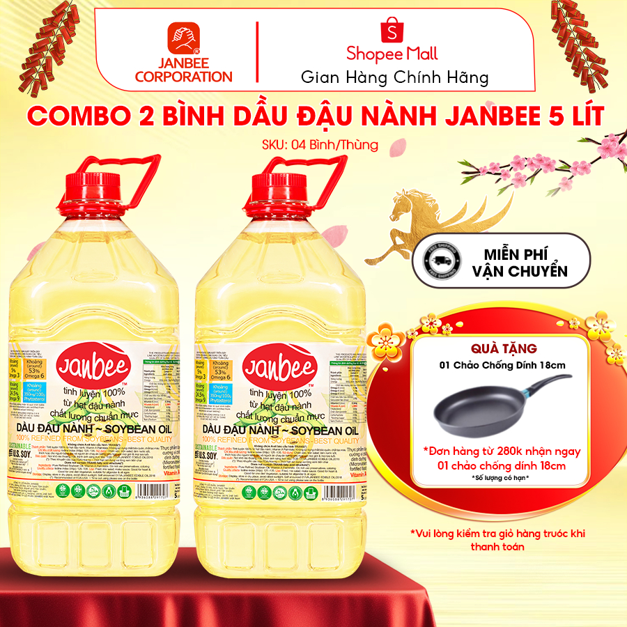 Dầu Đậu Nành Janbee -  Combo 2 Bình 5 Lít  – Nguyên Chất 100%, Không Trans Fat