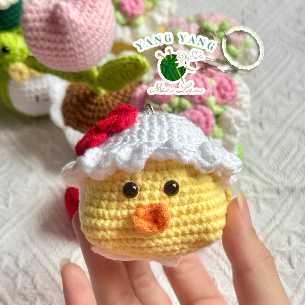 Móc khoá len Bé Vịt đội mũ bèo len 125g handmade