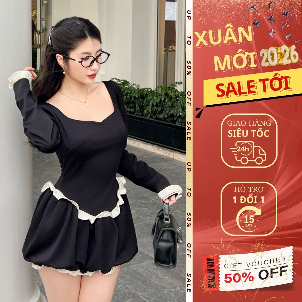 Váy ngắn body tay dài Emili Design đi tiệc, đi chơi màu đen, bánh bèo [V408]