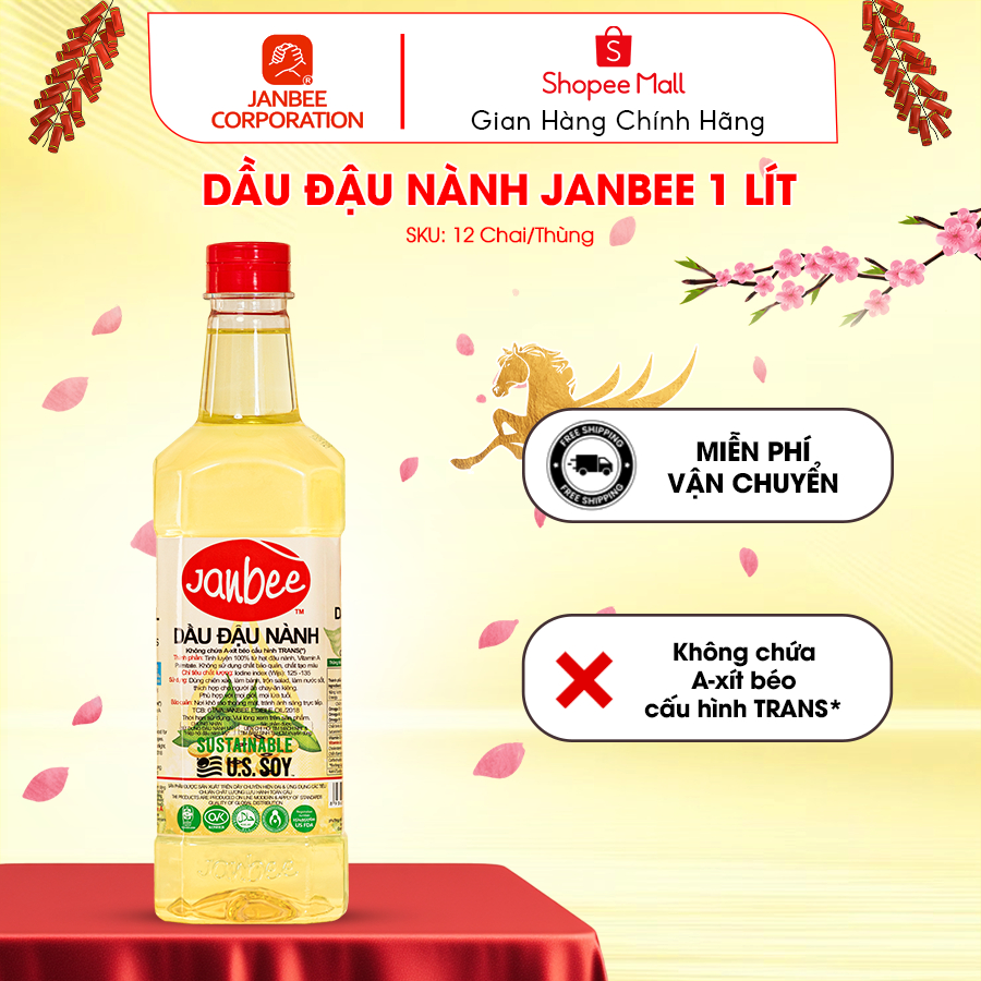 Dầu Đậu Nành Janbee Chai 1 Lít Nguyên Chất 100%, Không Trans Fat