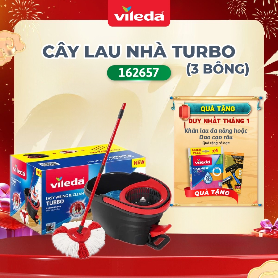Cây lau nhà VILEDA Turbo Easy Wring&Clean đầu lau tam giác, xô giặt quay bằng chân, thêm 2 bông lau 