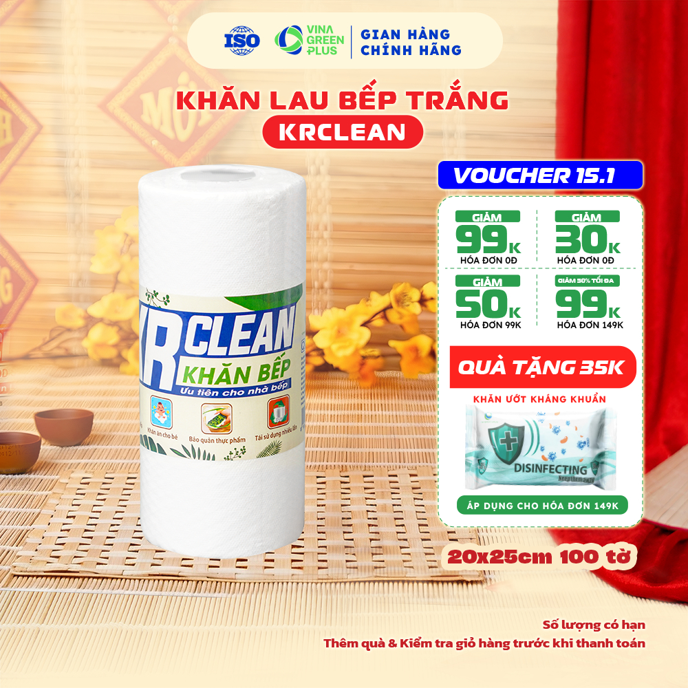 Cuộn khăn giấy lau bếp trắng KRCLEAN 100 tờ , giấy lau đa năng, giấy lau bếp siêu thấm hút, lau tay,