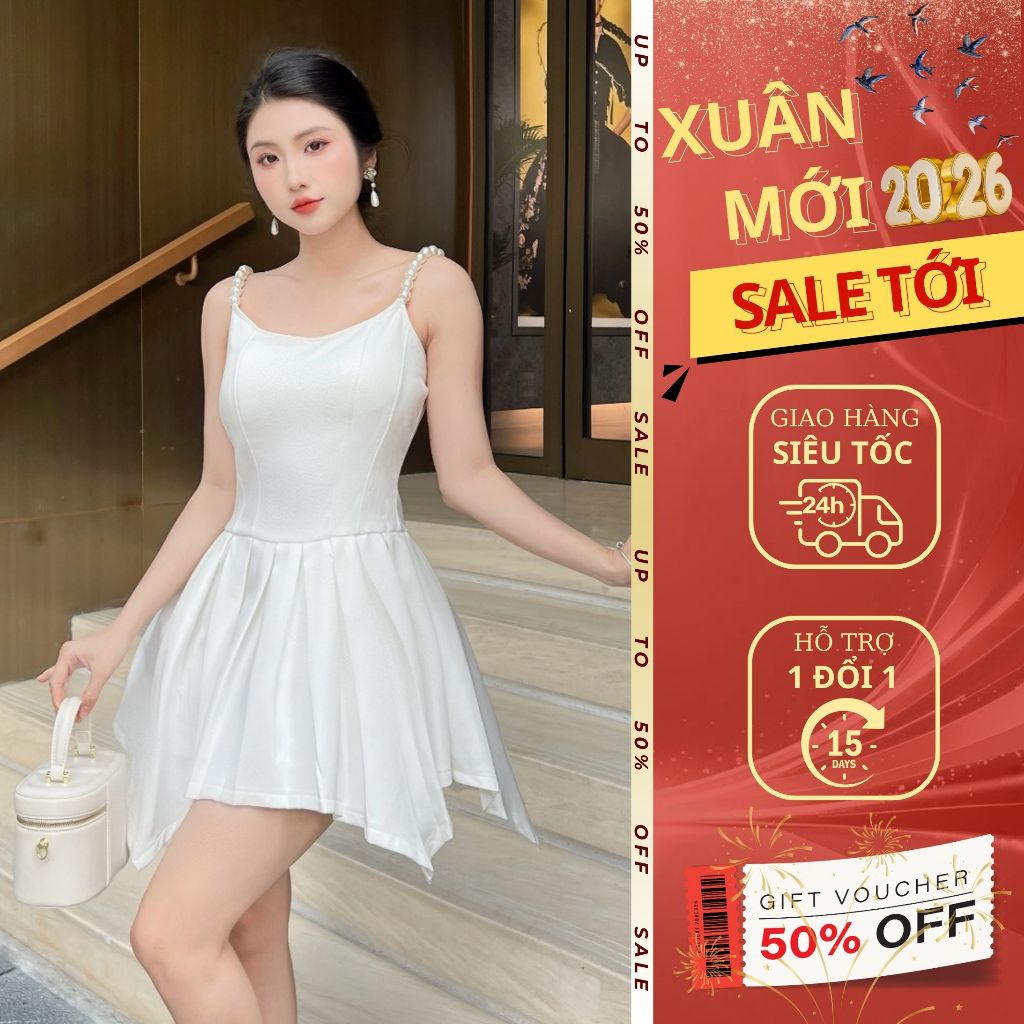 Váy 2 dây cup ngực dáng xòe đi tiệc LaNang ngắn đi cưới màu trắng [T1184]