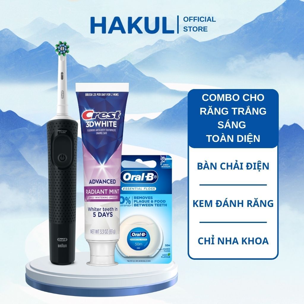 [HÀNG CHUẨN] Combo răng trắng sáng toàn diện: 1 Bàn Chải Điện ORAL B Vitality Pro+1 Kem đánh răng Cr