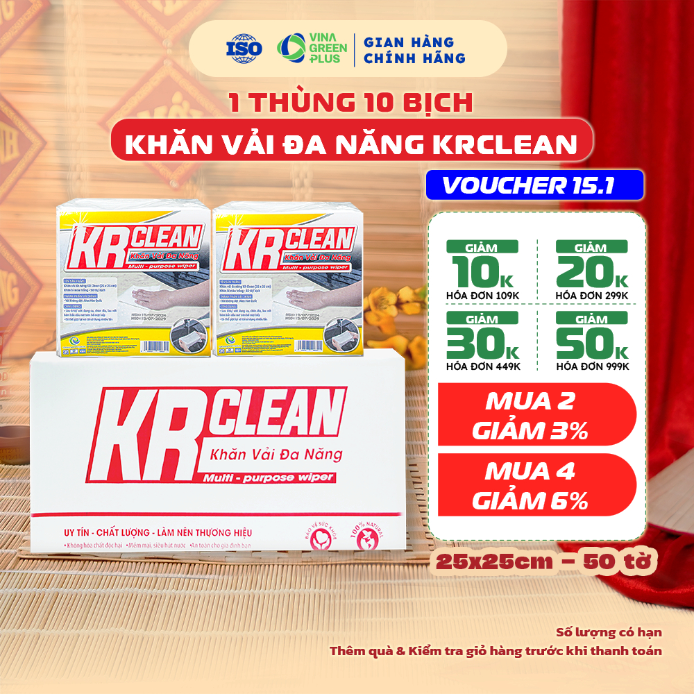 [THÙNG 10] Bịch khăn vải lau đa năng KRCLEAN thấm hút tốt, khăn lau tủ bàn ghế, bề mặt căn bếp
