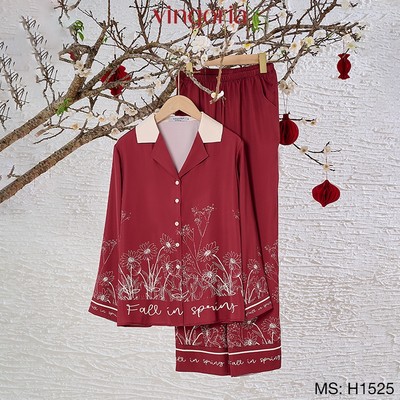 Pijama bộ đồ ngủ nữ lụa VINGO/VINGORIA tay dài xuân hè Hồng Viên H1525