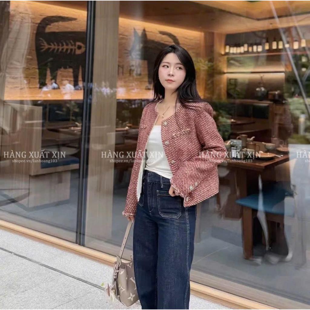 Áo Khoác Dạ Nữ Cổ Tròn Tweed Họa Tiết Đỏ Blink Blink