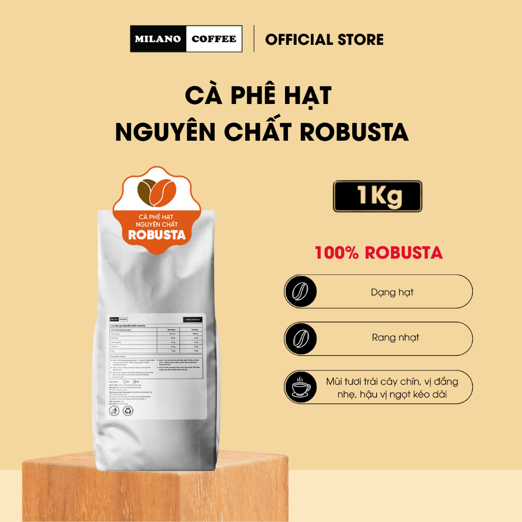 Cà phê hạt nguyên chất Robusta Milano Coffee (1kg)