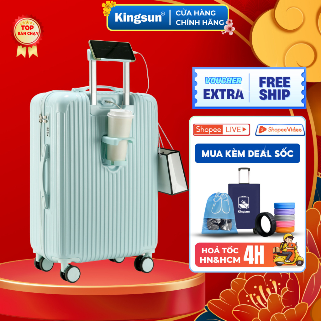 Vali Du Lịch Khóa Kéo Kingsun T08/218/033  Size 20/24/28 Chất Liệu PC + ABS Bền Đẹp Bảo Hành 5 Năm