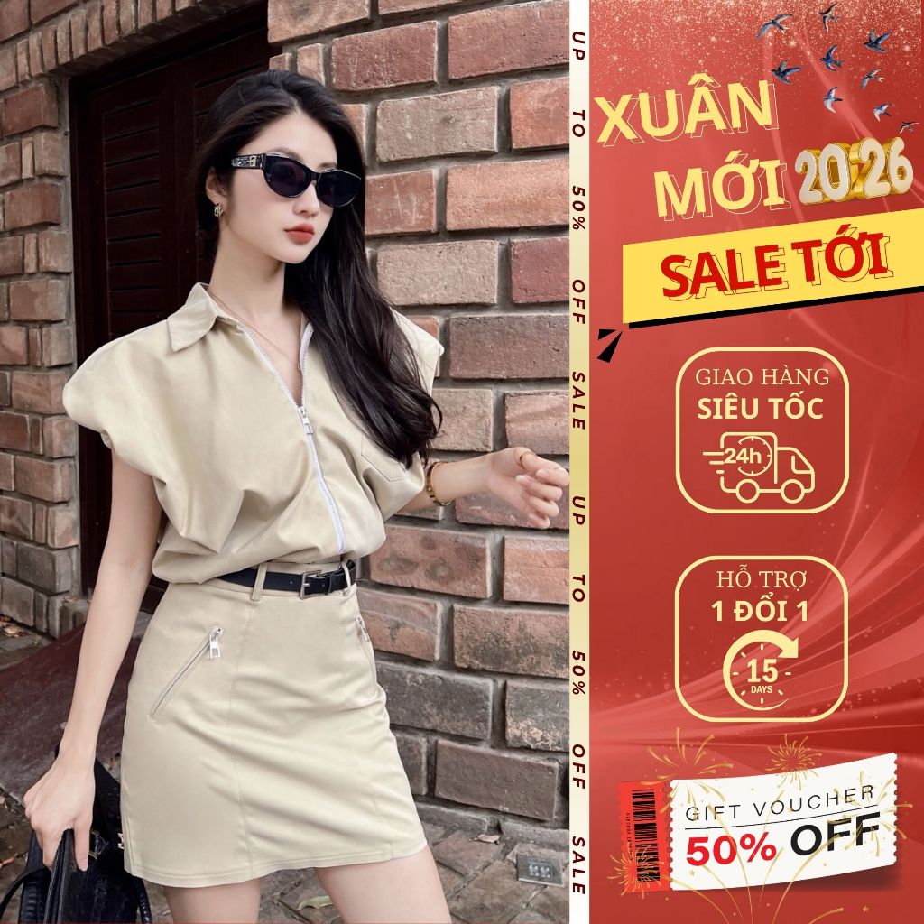 Set áo sơ mi tay phồng + chân váy zip thời thượng - Dạo phố, cafe EMILI DESIGN B105