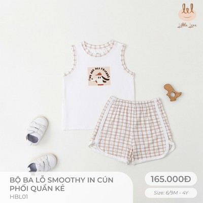 BỘ BA LỖ SMOOTHY IN CÚN PHỐI QUẦN KẺ [ SIÊU MỀM, MÁT, MỊN CO DÃN VÀ THẤM HÚT ] SZ 6M -4Y (HBL01)