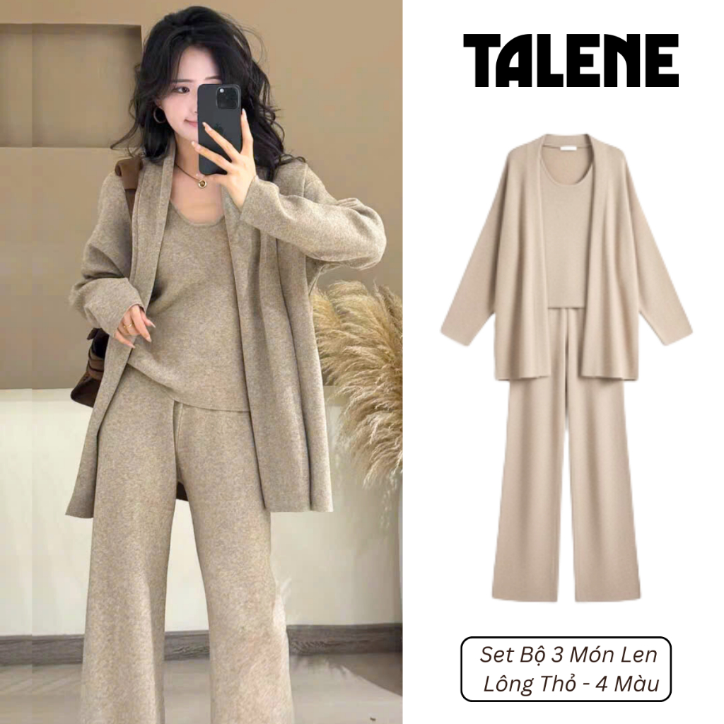 Set Bộ 3 Món Len Lông Thỏ Gồm Áo Khoác Cardigan Kèm Áo Hai Dây Phối Quần Suông Ống Rộng Thời Trang T