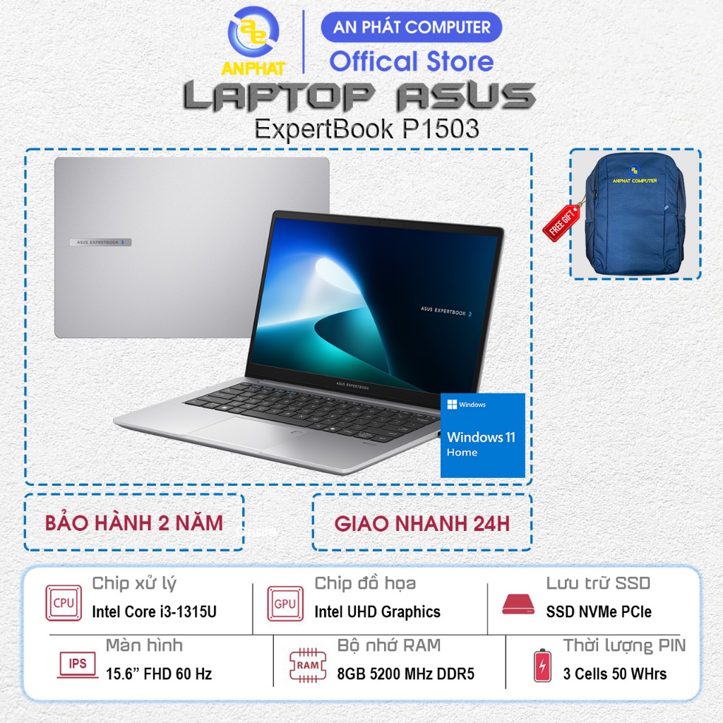 Laptop ASUS ExpertBook P1503CVA-i308256-50W, Core i3-1315U, 8GB RAM, 256GB SSD, 15.6 FHD, Win11
