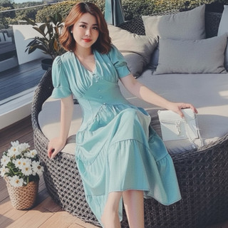 Đầm midi màu bạc hà cổ v nút ngọc dáng dài (kèm hình thật)