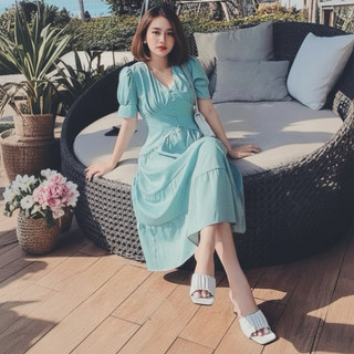 Đầm midi màu bạc hà cổ v nút ngọc dáng dài (kèm hình thật)