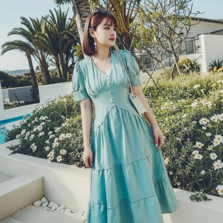 Đầm midi màu bạc hà cổ v nút ngọc dáng dài (kèm hình thật)