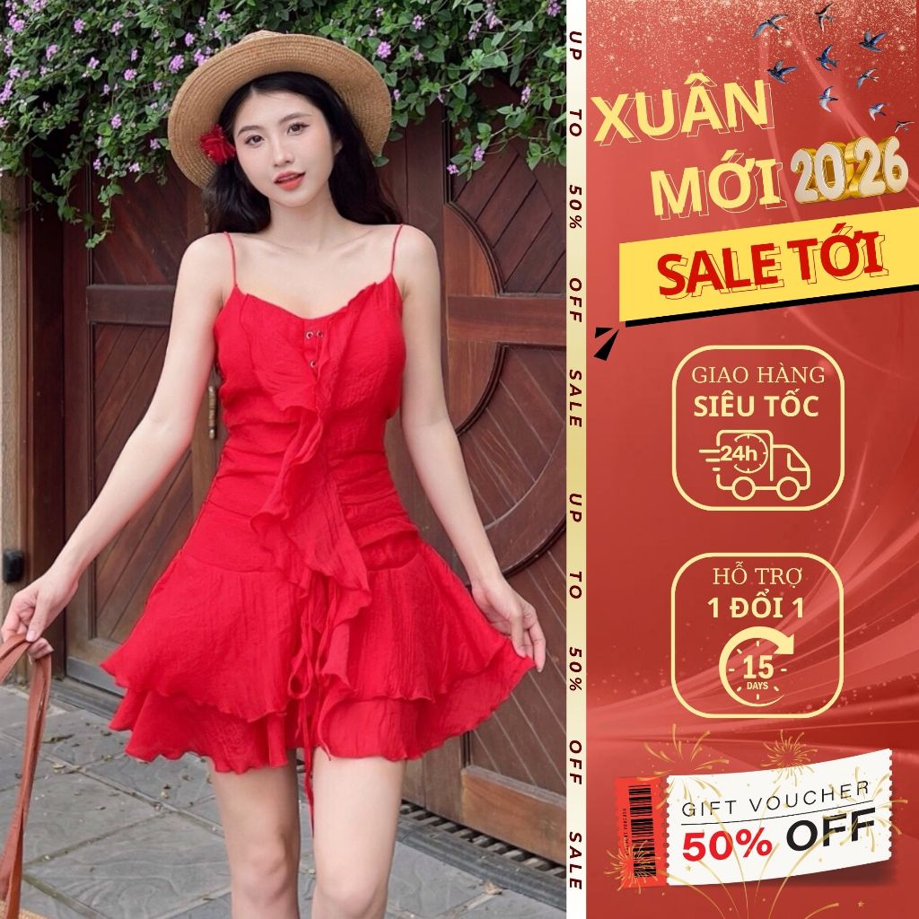 Váy đỏ hai dây xòe nữ tính - Đầm dự tiệc gợi cảm, sang trọng - Thời trang EMILI DESIGN T1257