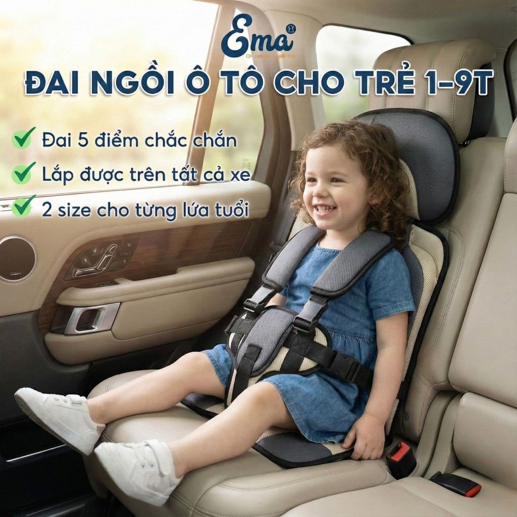 Đai an toàn cho bé ngồi ô tô EMA, đai bảo vệ cho bé từ 1-9 tuổi chắc chắn, dây đai tùy chỉnh, êm ái