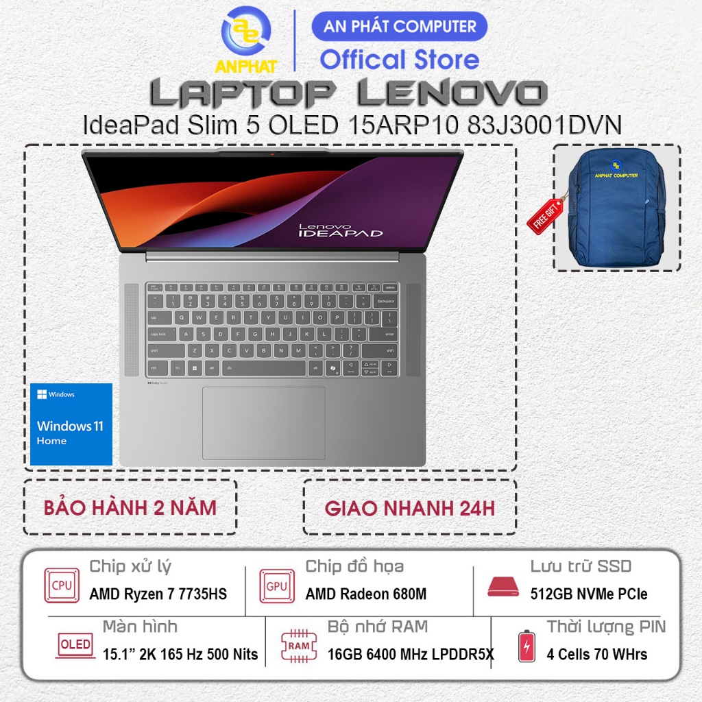 Laptop Lenovo IdeaPad Slim 5 OLED 15ARP10 83J3001DVN, Ryzen 7 7735HS, 16GB RAM, 512GB SSD, 15.1 2K O