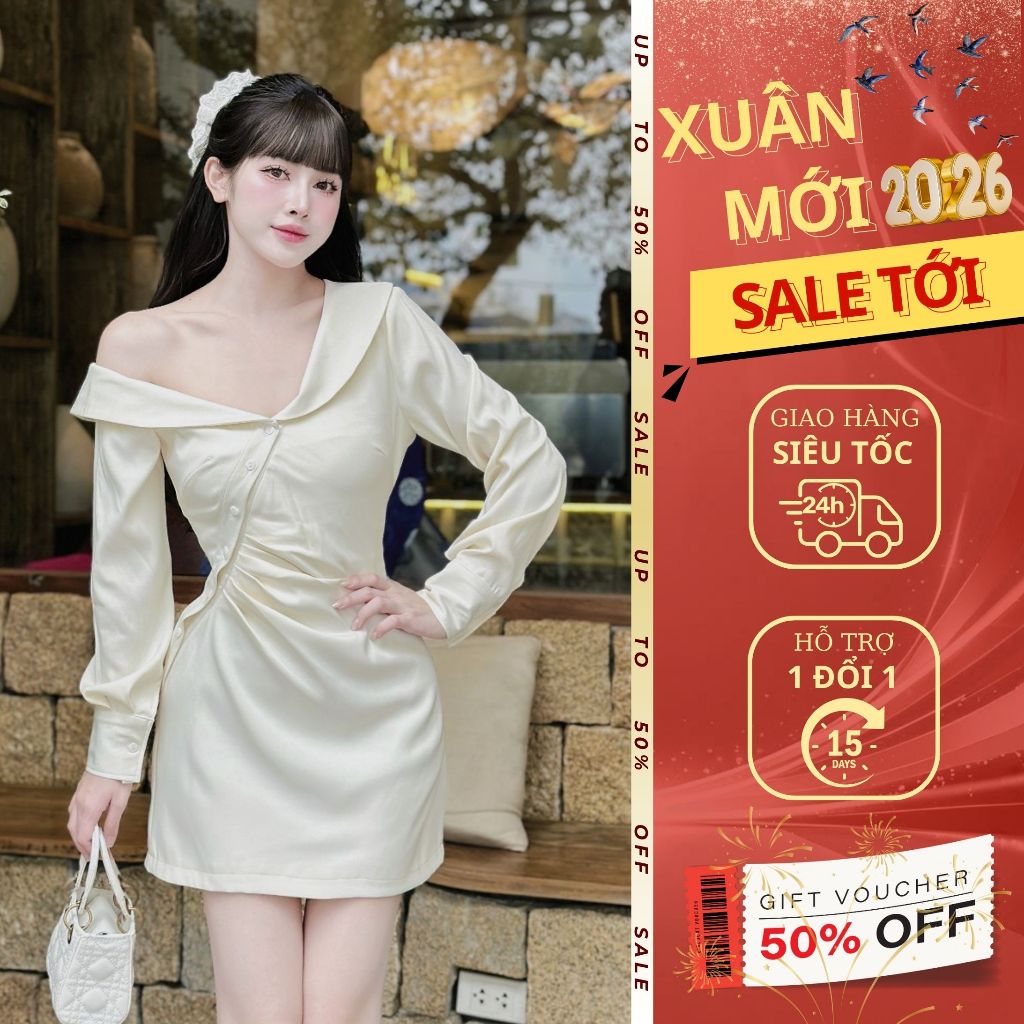 Váy ngắn trễ vai tay dài EMILI Design đi tiệc nhún eo sang trọng [T827]