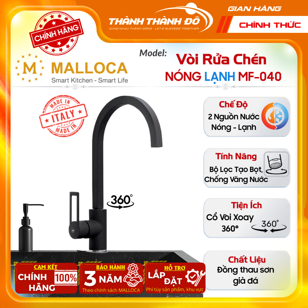 [CHÍNH HÃNG - FREESHIP HCM] Vòi Rửa Chén Nóng Lạnh Malloca MF-040 - Đồng Sơn Giả Đá (Màu đen) - Bảo 