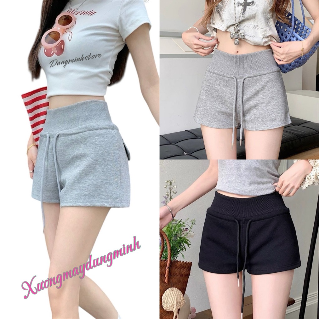 Quần short nữ nỉ 2 da lưng cao, Quần sooc nữ cạp cao basic mặc nhà - đi chơi có dây rút từ 40-60kg