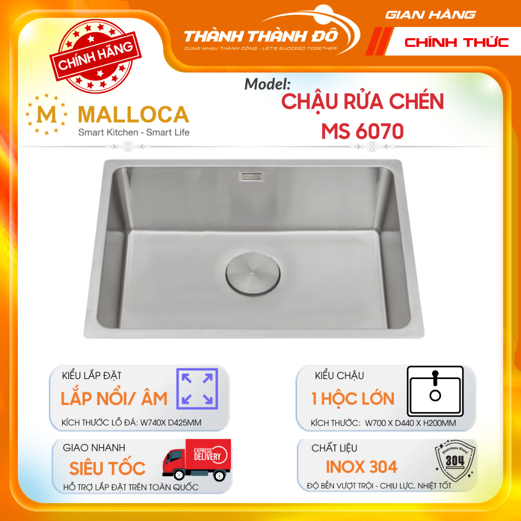 [CHÍNH HÃNG] Chậu rửa chén Malloca MS 6070 - Thép không gỉ 304 - 1 Hộc Lớn