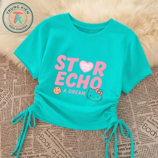 Áo Thun Cộc Tay Bé Gái – Rút Dây Vạt Vuông Hình Hello Kity Echo, Vải Cotton Mát Mẻ Cho Bé (M 303)