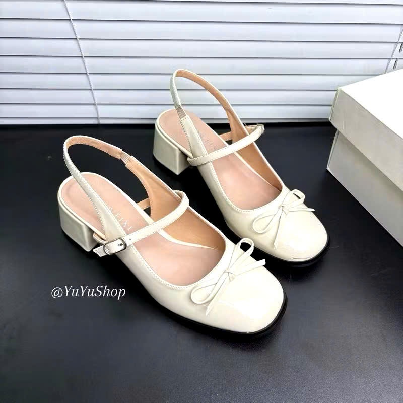 Giày Sục Hậu Nữ Hở Gót Vuông Phối Nơ Đế Cao 5p - Giày Cao Gót Nữ Da Bóng Đế Gót Trụ 5p -PM61