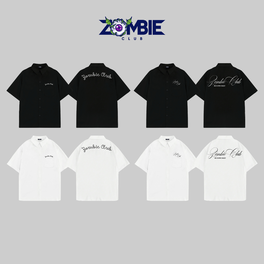 Áo sơ mi, ZOMBIE.CLUB,Thêu Font Mắt Xích + Font Viết Tay, chất lụa premium, ngắn tay, dáng rộng, UNI