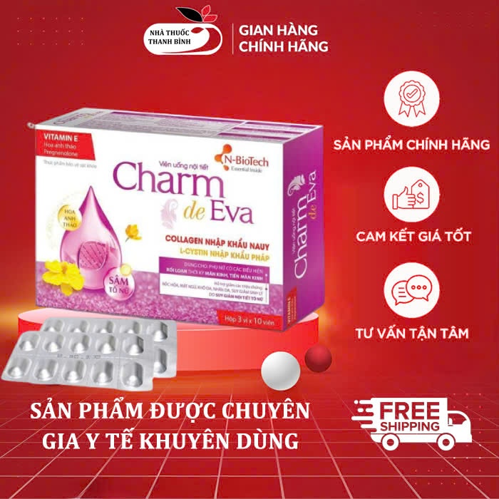 [CHÍNH HÃNG] N-Biotech Viên Uống Nội Tiết Charm De Eva Giảm Bốc Hỏa, Mất Ngủ, Khô Da (Hộp mềm 3 vỉ x