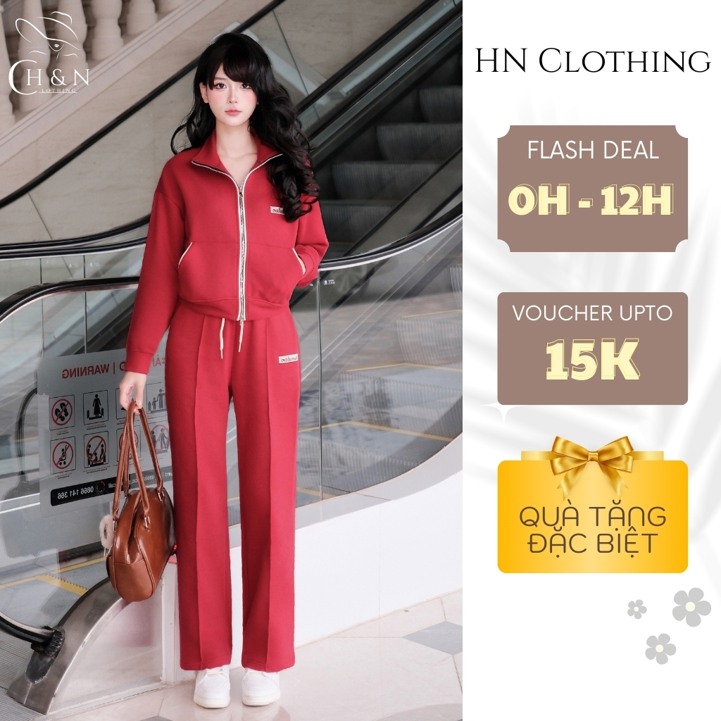 Set nỉ nữ khóa kéo full zip dáng suông, bộ đồ nỉ nữ thời trang mặc nhà đi chơi HN Clothing DB3