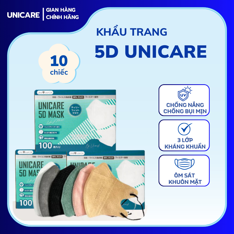 [Gói 10 Chiếc] Khẩu Trang 5D Unicare Chính Hãng 3 Lớp Kháng Khuẩn Thông Thoáng Chống Thấm Nước