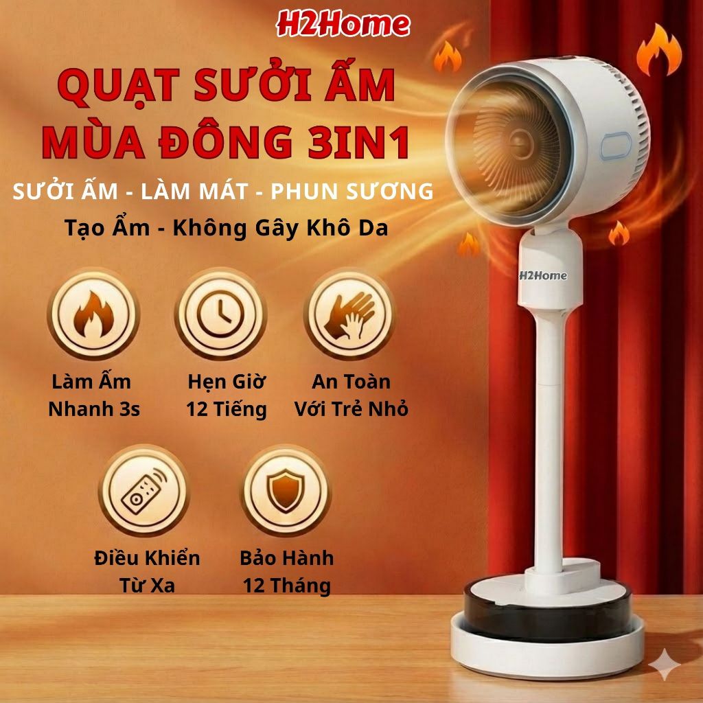 Quạt Sưởi Điều Hòa H2Home 2 Chiều Nóng Lạnh, Tích Hợp Phun Sương, Làm Mát & Ion Khử Khuẩn Cao Cấp (B