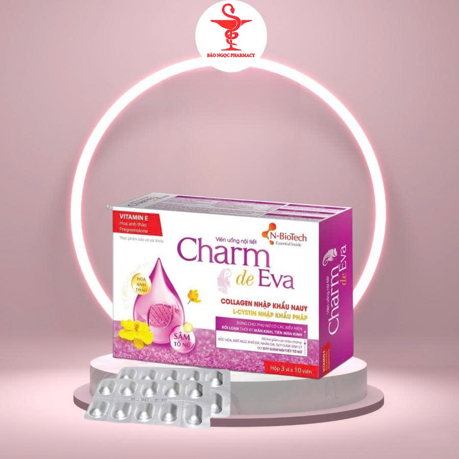 [CHÍNH HÃNG] Viên Uống Nội Tiết Charm De Eva Giảm Bốc Hỏa, Mất Ngủ, Khô Da (Hộp mềm 3 vỉ x 10 viên)