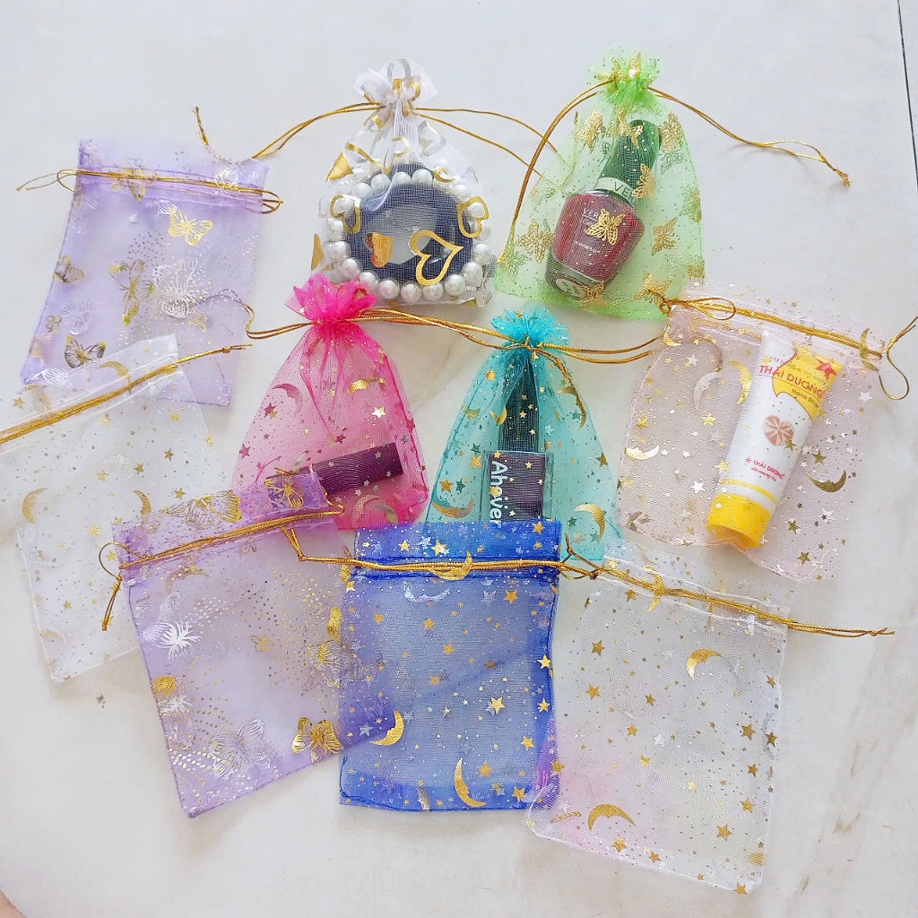 Set 100 Túi thơm vải voan lưới họa tiết ngôi sao trái tim hoa lá có dây rút kích thước 10x12cm