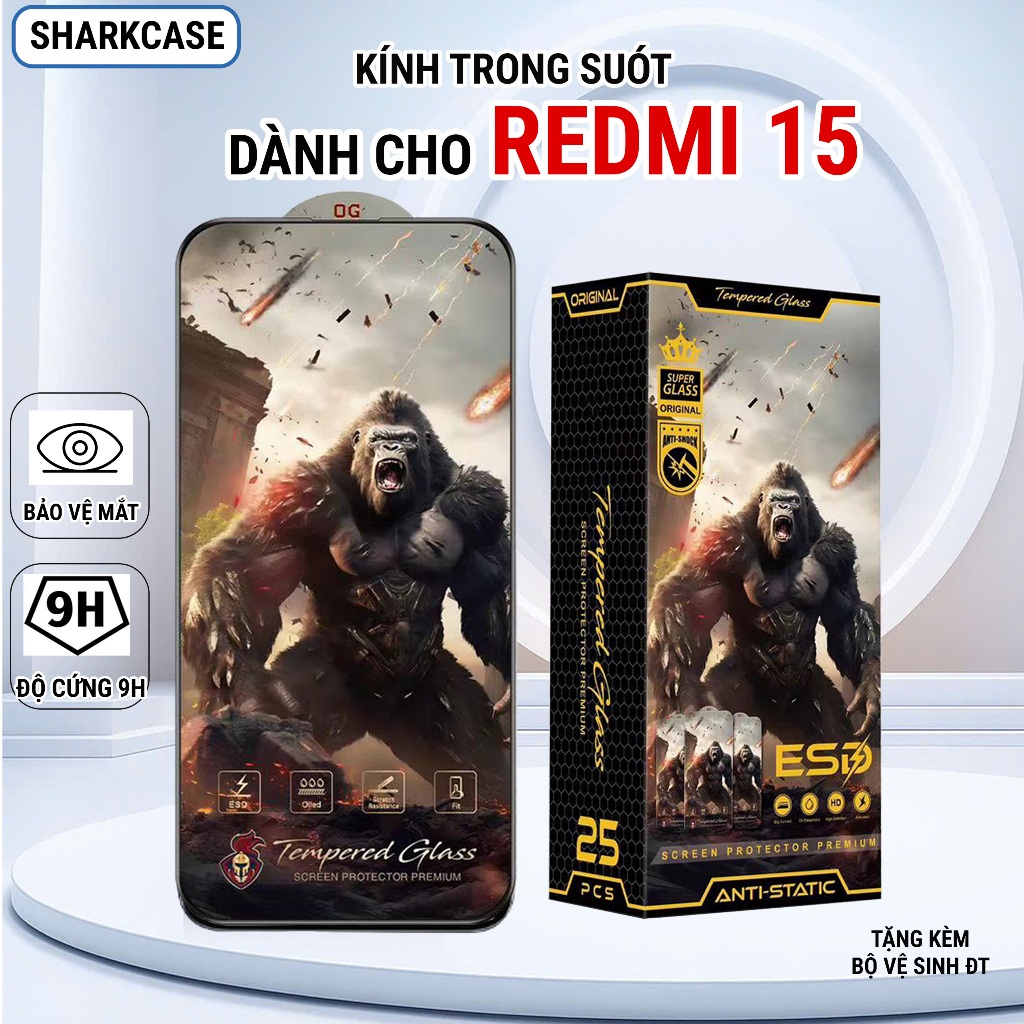 Kính cường lực Redmi 15 chiến binh full màn trong suốt bảo vệ màn hình dt shark case