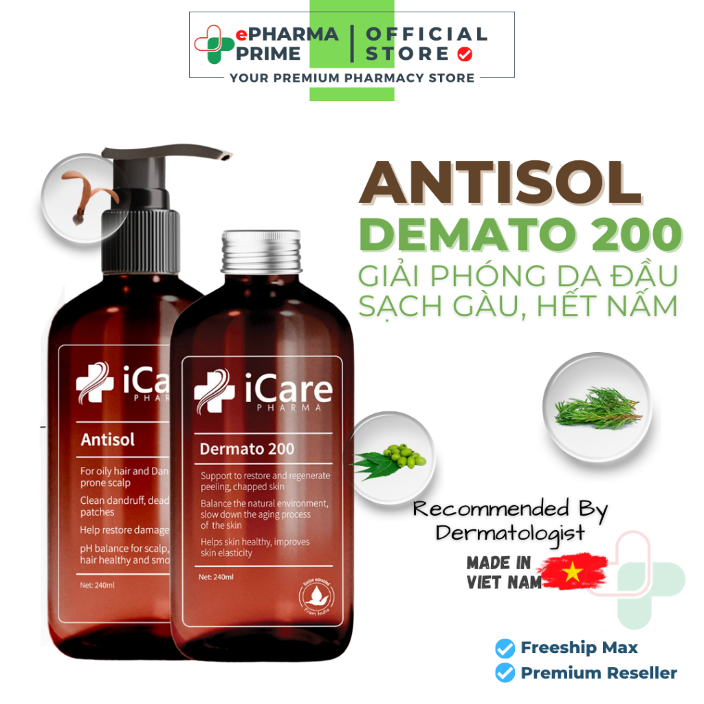 [COMBO] Dầu Gội iCare Pharma Antisol pH 6.5 240ml + Serum Dermato 200 iCare Pharma 240ml