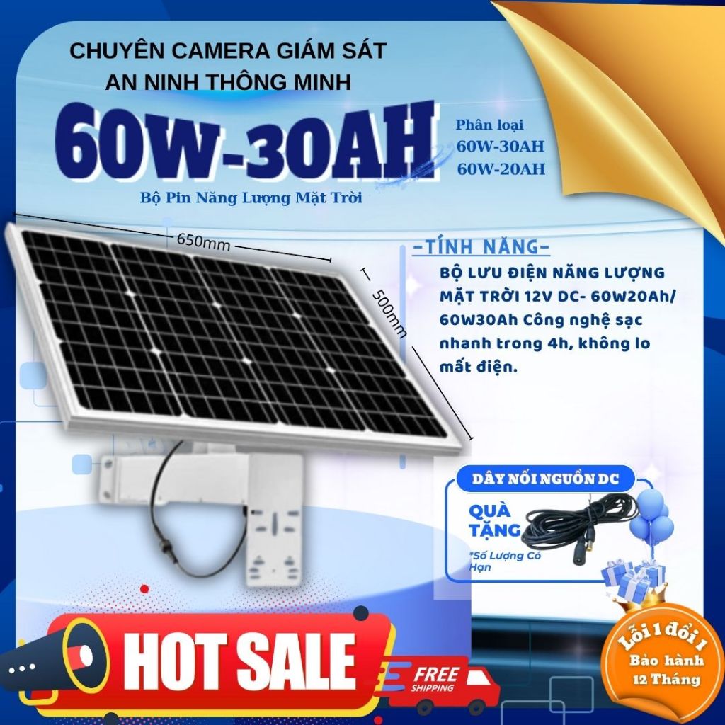 (MUA 1 TẶNG 1) Bộ pin năng lượng mặt trời 12V - 60W-30AH / 60W-20AH - Tặng Dây nối dài nguồn DC (Số 