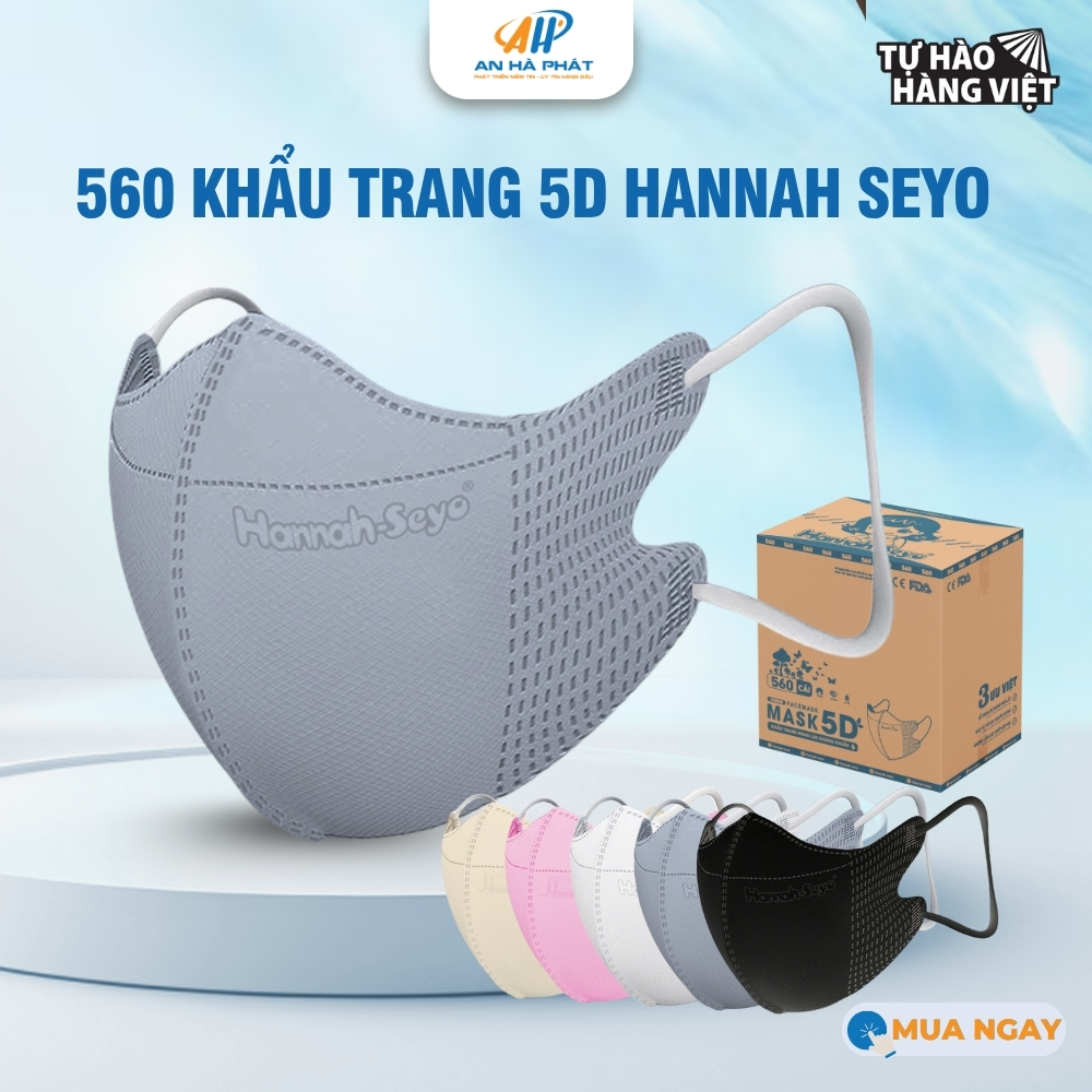 [Tặng Khăn Ướt Mini] Thùng 560 Chiếc Khẩu Trang 5D 3 Lớp Kháng Khuẩn Lọc Bụi Mịn Hannah Seyo