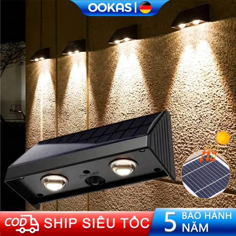 OOKAS Đèn LED tường năng lượng mặt trời, thiết kế chống nước, đèn trang trí sân vườn ngoài trời